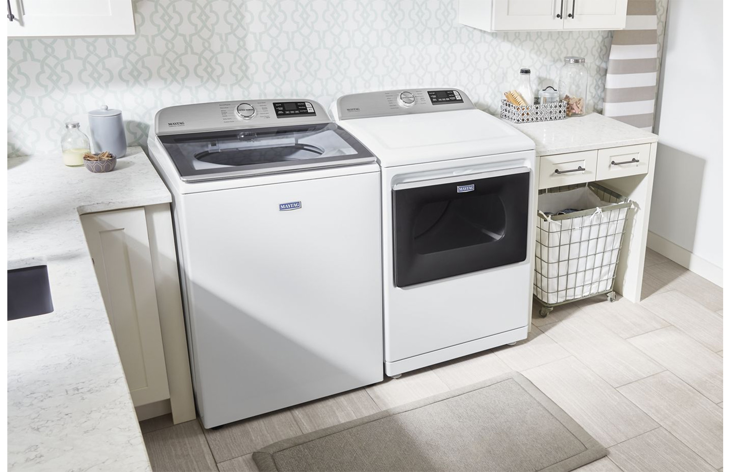 Angle view of washer and dryer in the laundry room.