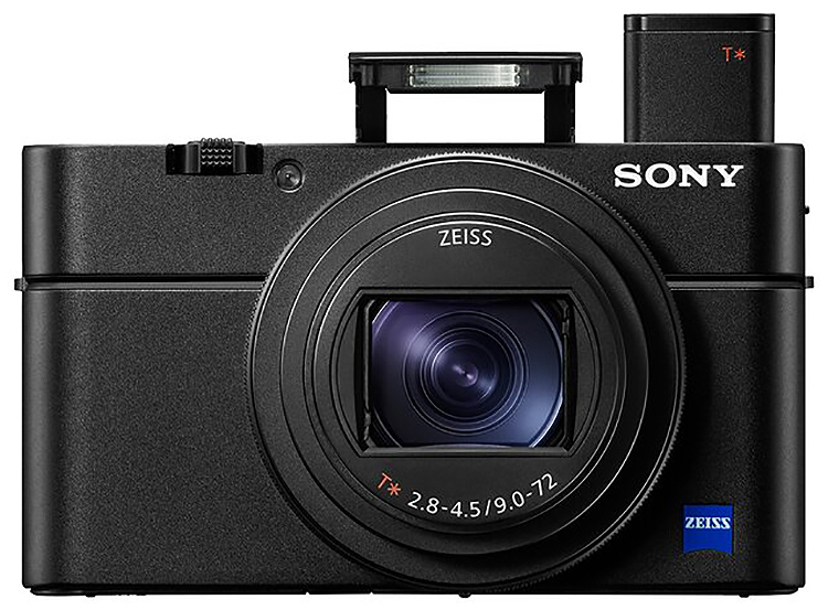 Front view of camera with flash and viewfinder in use.