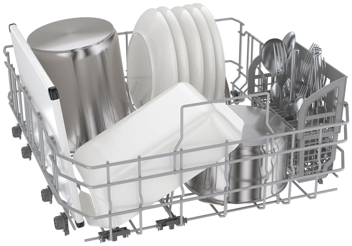 Angle view of filled utensil basket.