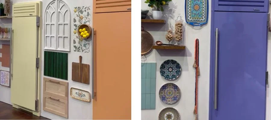 three colorful refrigerator columns at KBIS 2025 from mTrue residential in yellow, orange and cobalt
