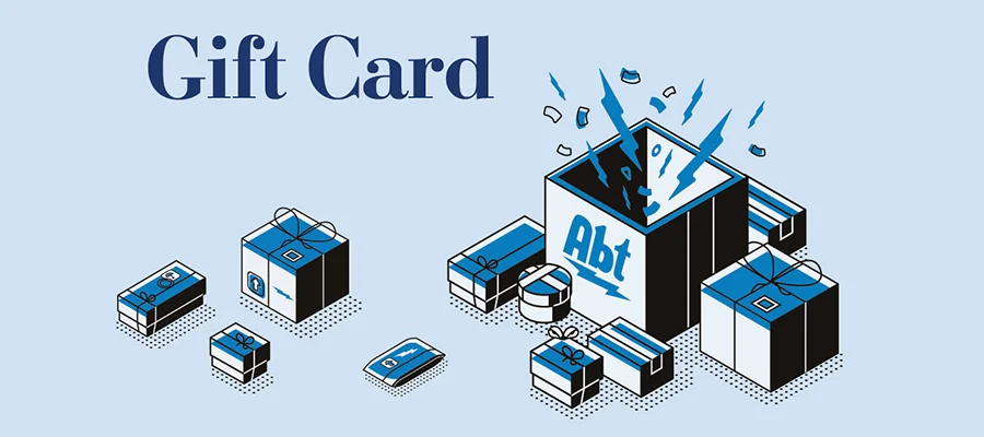 A blue graphic for Abt gift cards with illustrations of gift boxes