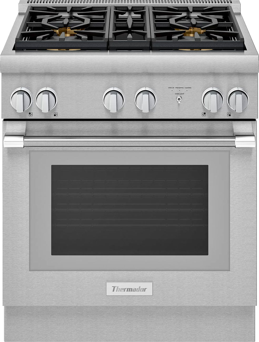 Front view of stainless steel dual fuel range closed