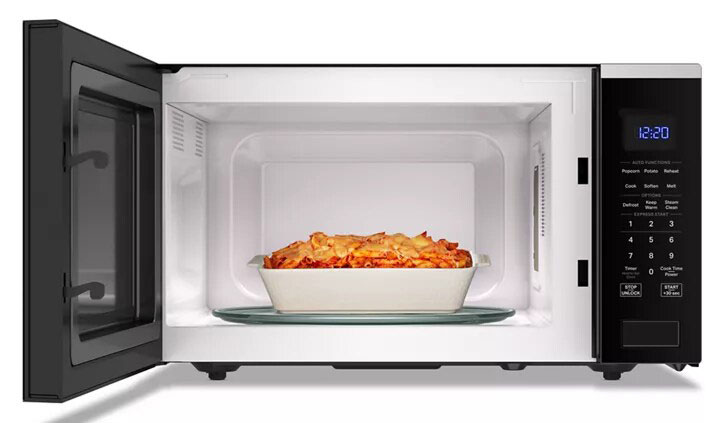 Front of Whirlpool Microwave Open with Food