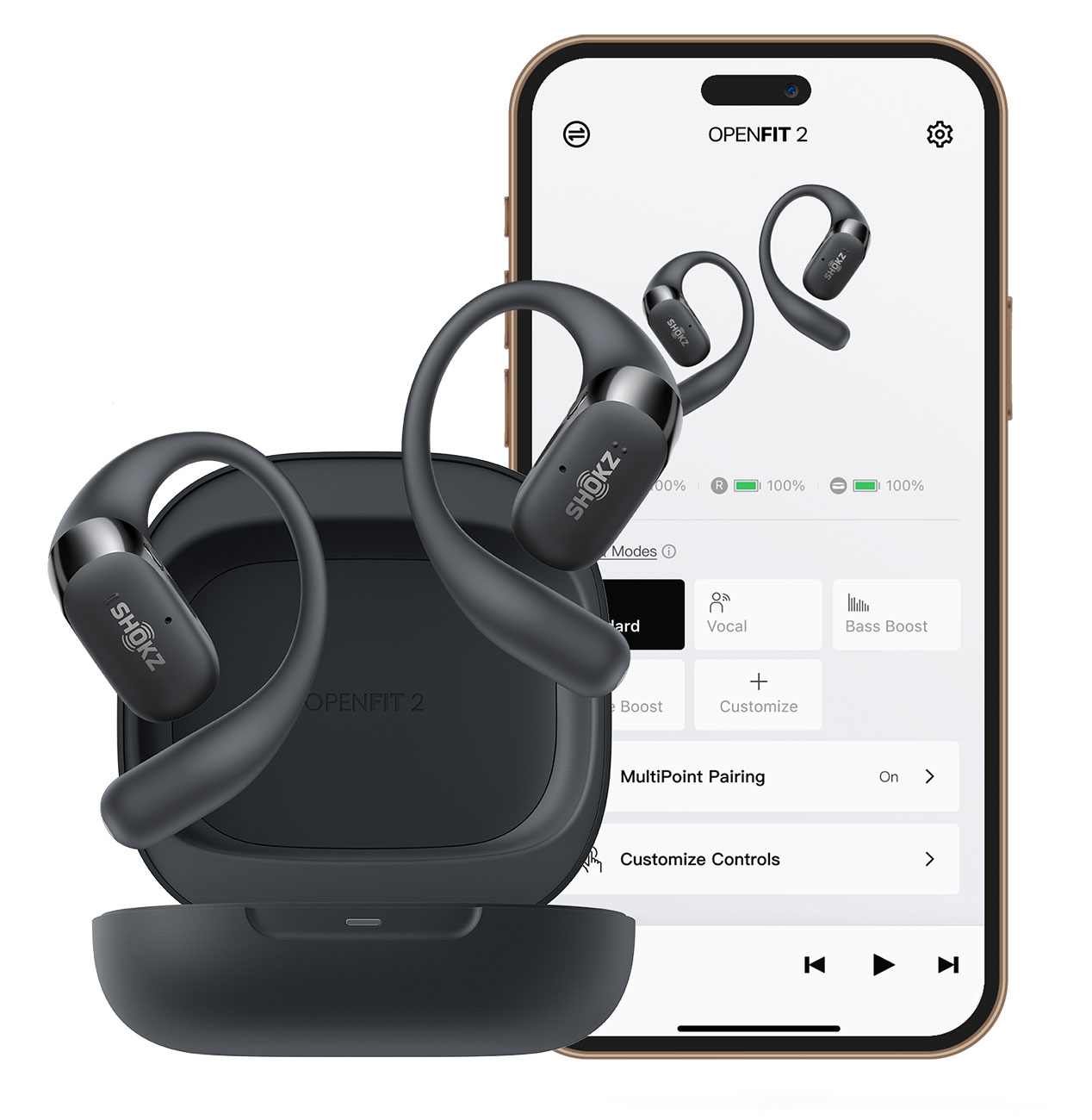 Front View of Shokz Open-Ear Earbuds and Phone