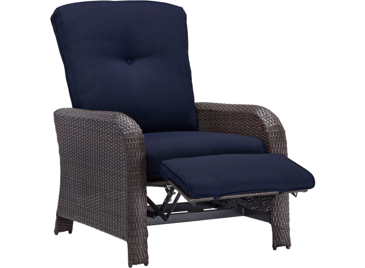 A navy blue reclining chair with wicker frame