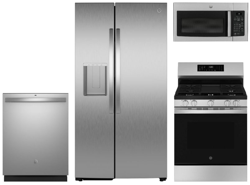Front view of GE appliance package with dishwasher, refrigerator, range, and microwave