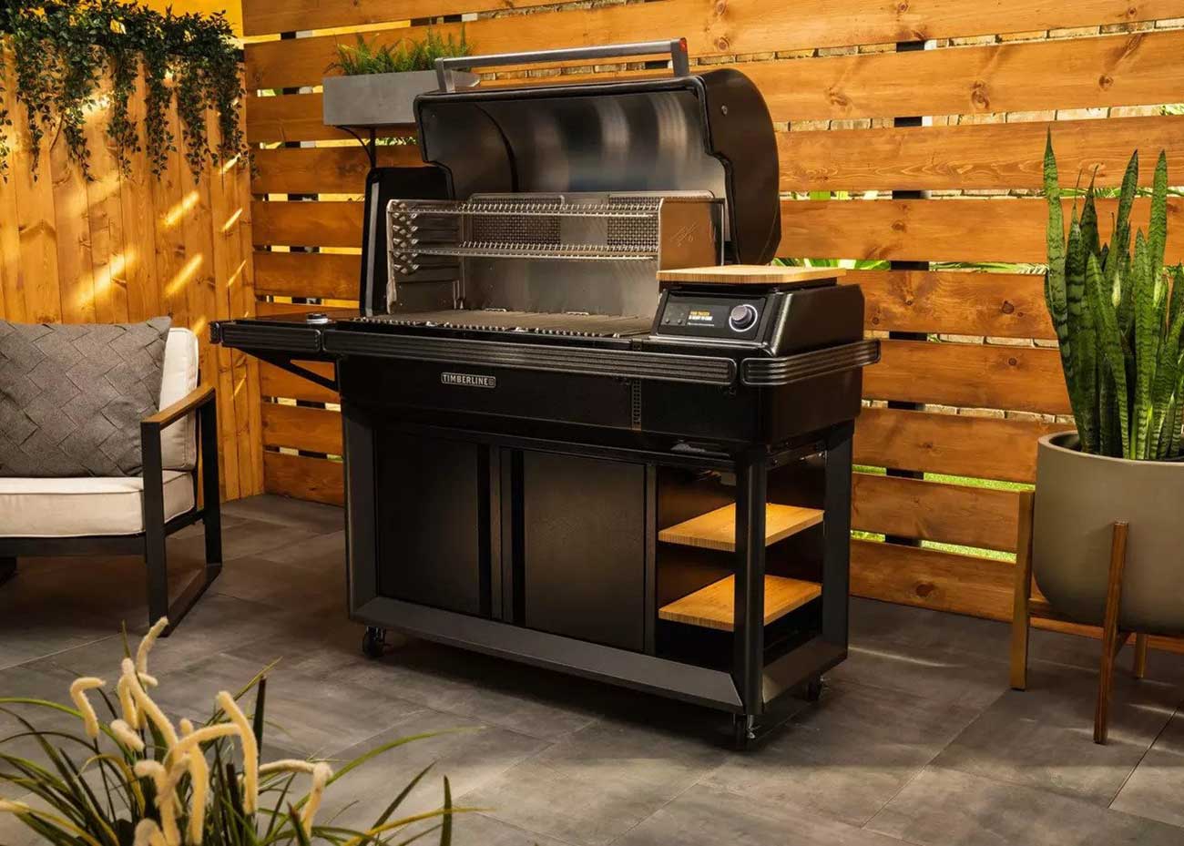 Traeger Wood Pellet Grill with Open Lid and Empty Racks
