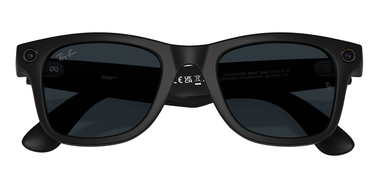Front view of Ray-Ban Meta Sunglasses with grey lenses folded
