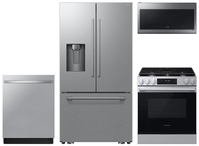 Front view of french door, gas range, microwave, and dishwasher appliance package in stainless steel