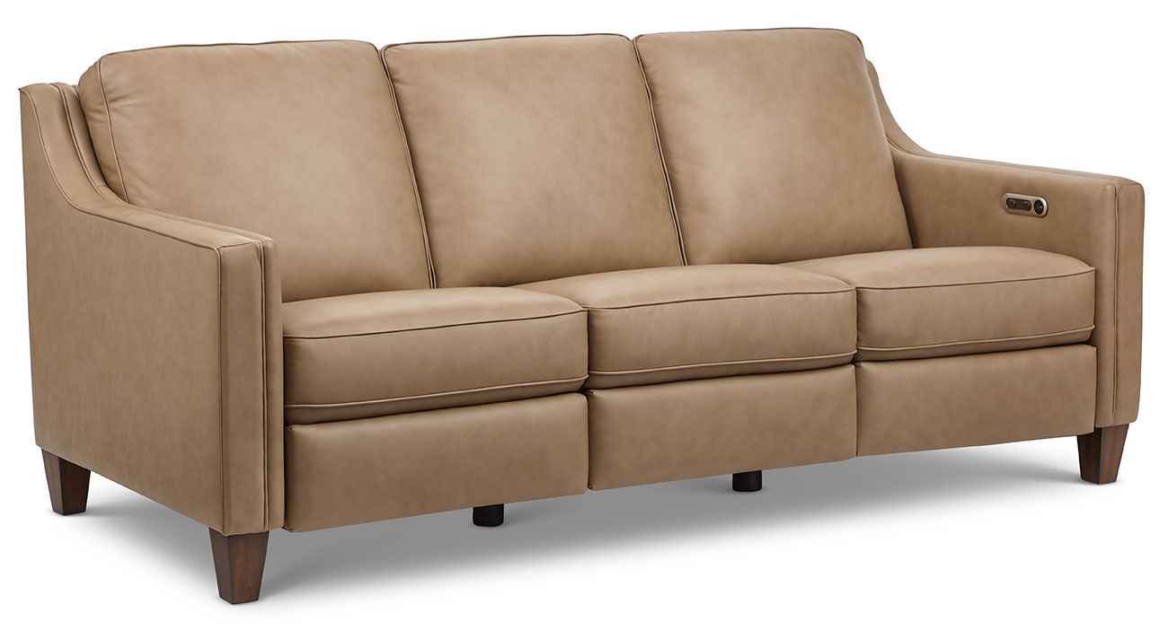 Angled view of Flexsteel Finley Power Inclining Sofa in Sandstone Leather