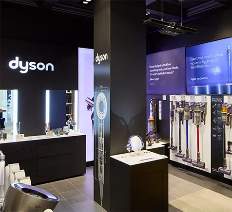 Interior view of the Dyson store located off Abt's Atrium, featuring sleek designs and a variety of Dyson products on display