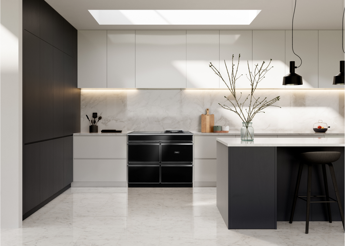 AGA kitchen with modern brick accent wall and vintage range setup