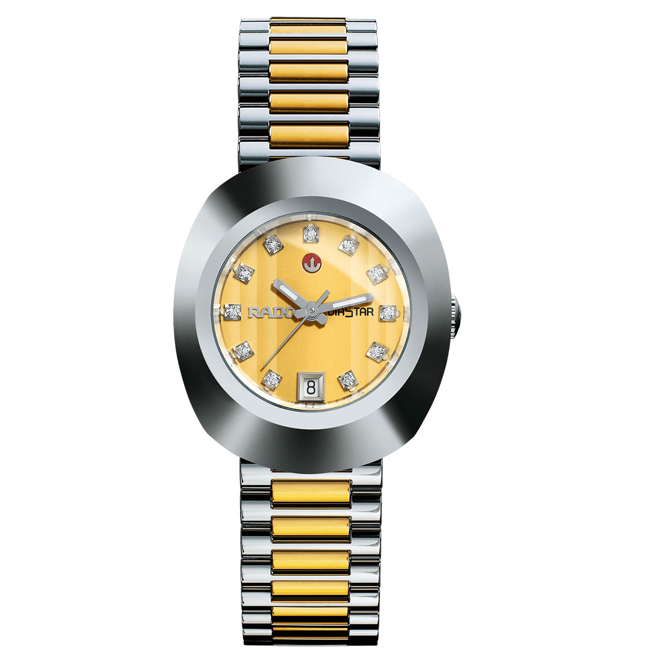 Front view of watch in stainless and gold finish