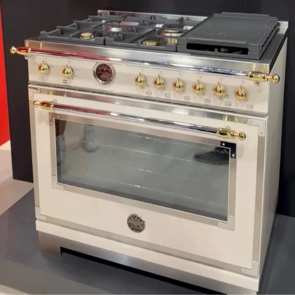 A Bertazzoni range in the Biano finish with gold hardware