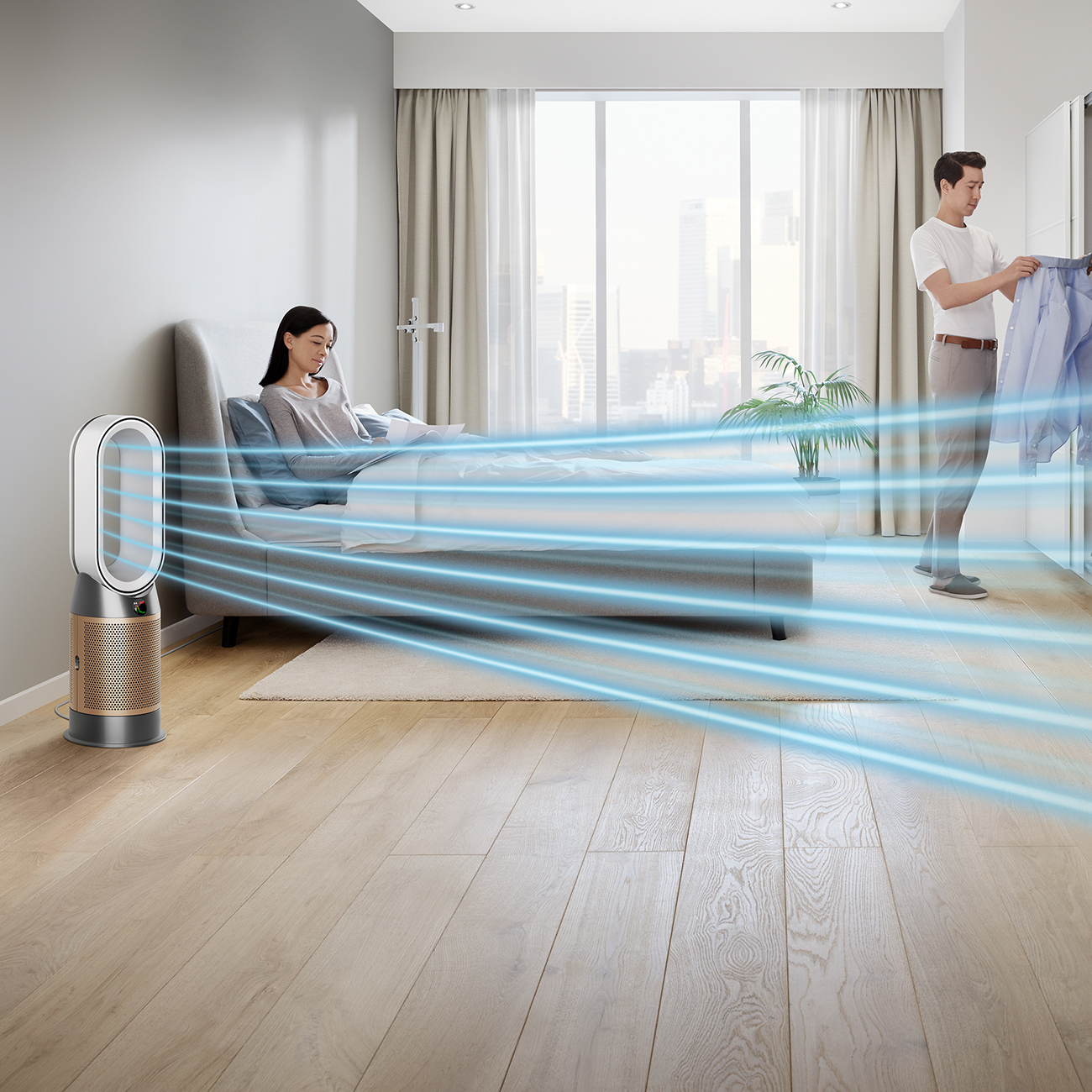 A Couple in a Bedroom Filtered by a Dyson Air Purifier
