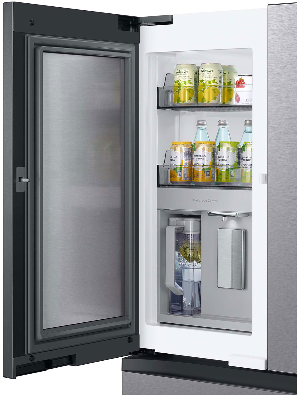 Angle view of open Beverage Center section with drinks on upper shelves.