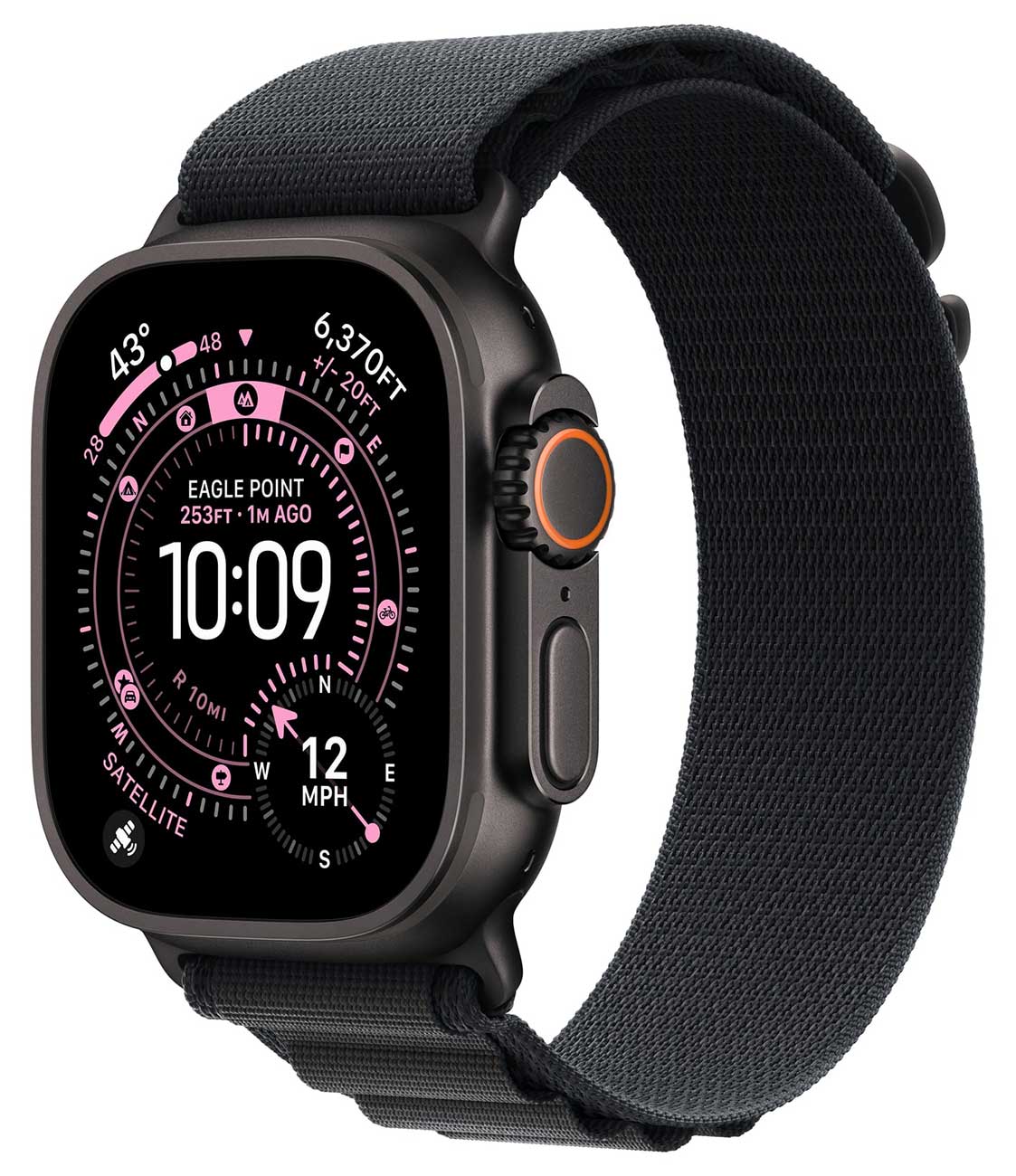 Front Angled view of Apple Watch Ultra 3 GPS & Cellular 49mm Black Titanium Case with Black Alpine Loop