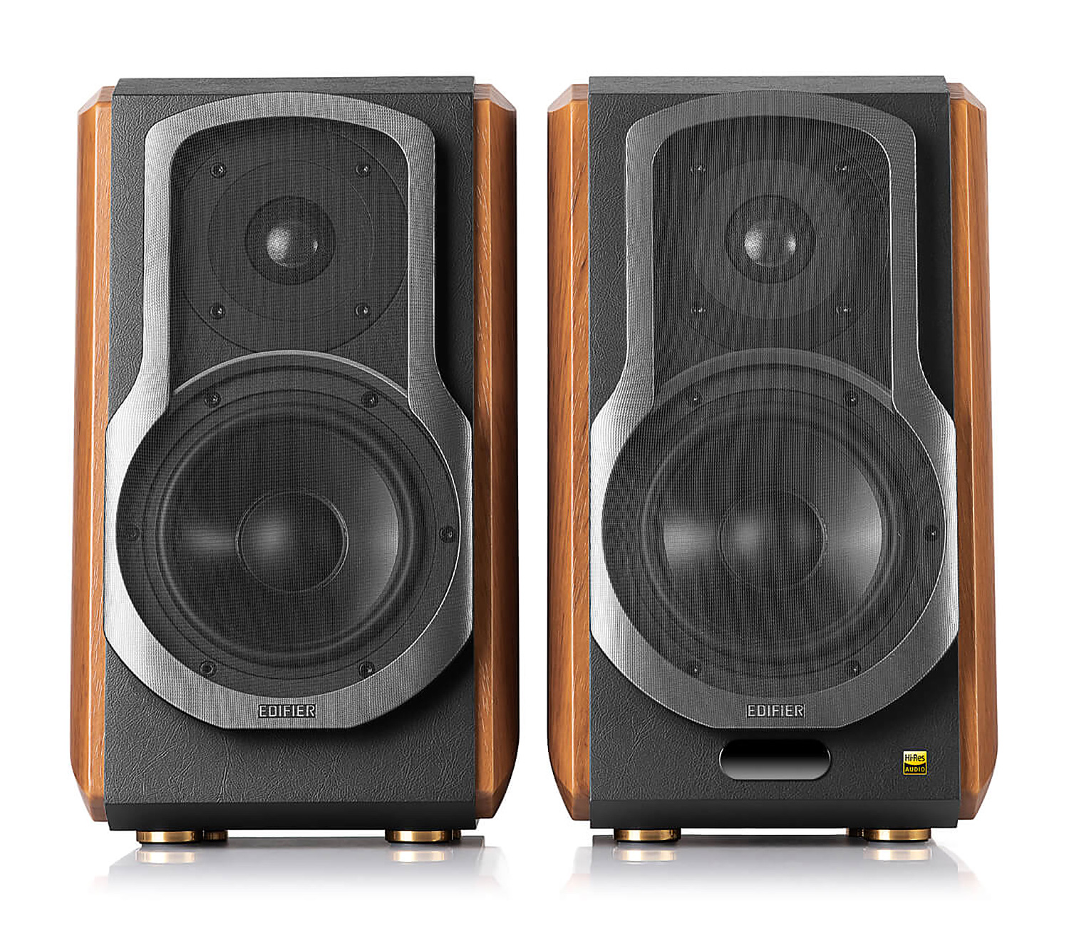 A Pair of Walnut Edifier Bookshelf Speakers from the Front
