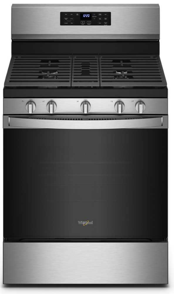 Front of gas oven in Fingerprint Resistant Stainless Steel.