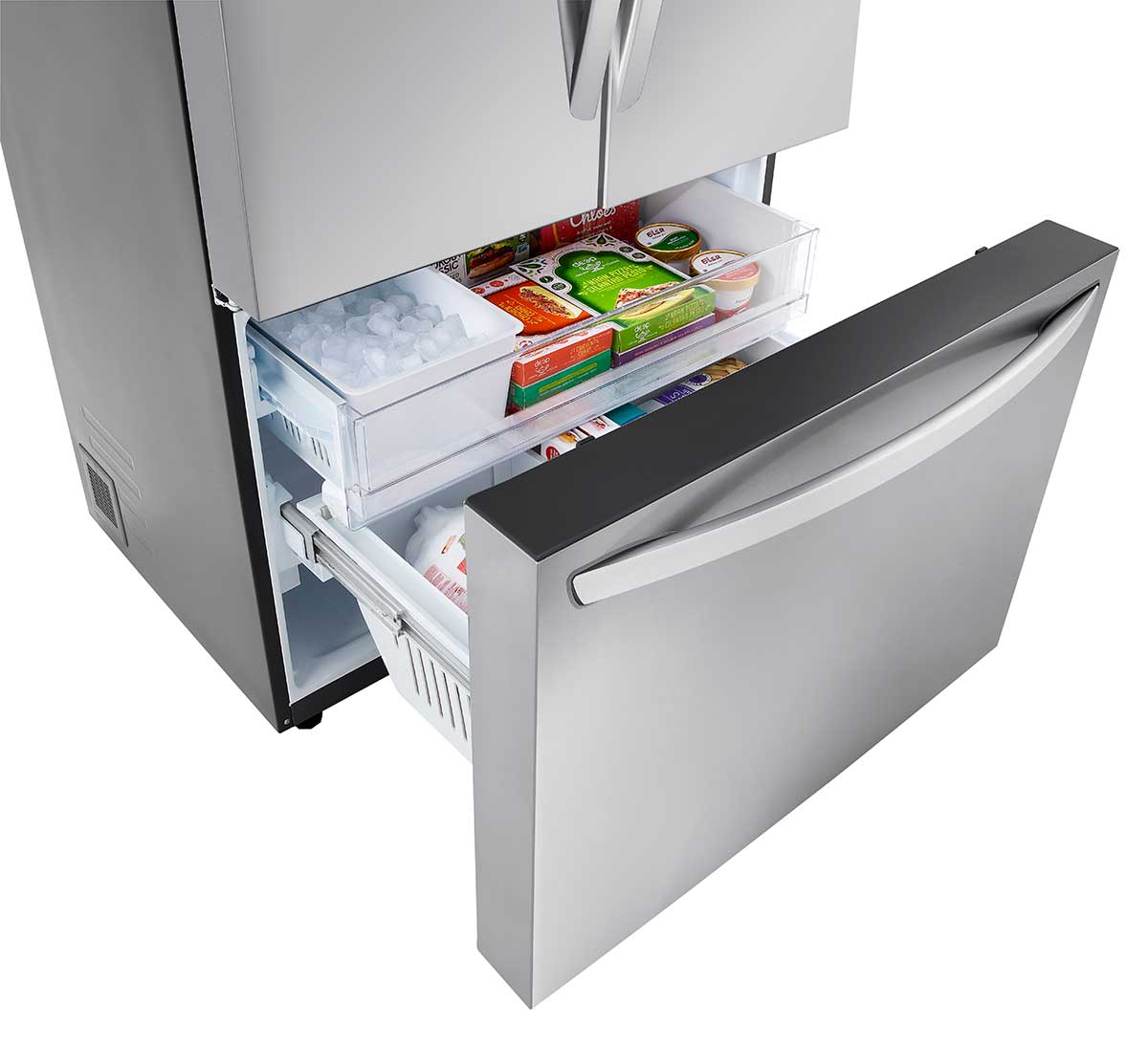 Angle view of freezer filled with frozen goods.