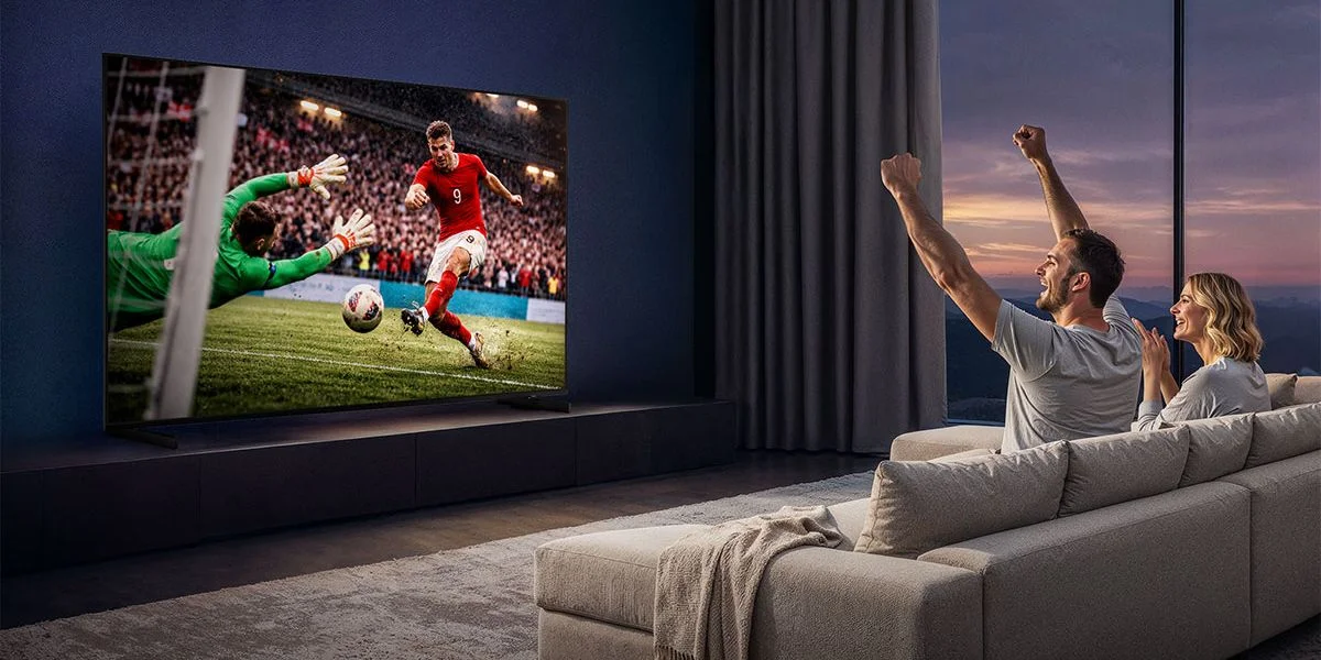 A couple sits on the couch in a dark living room, cheering for the soccer match on screen as a team member makes a goal.