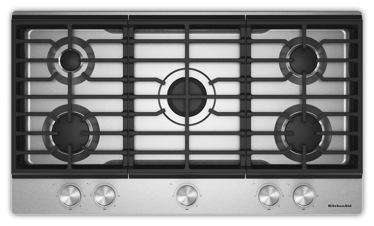 Front of KitchenAid Gas Cooktop in Stainless Steel