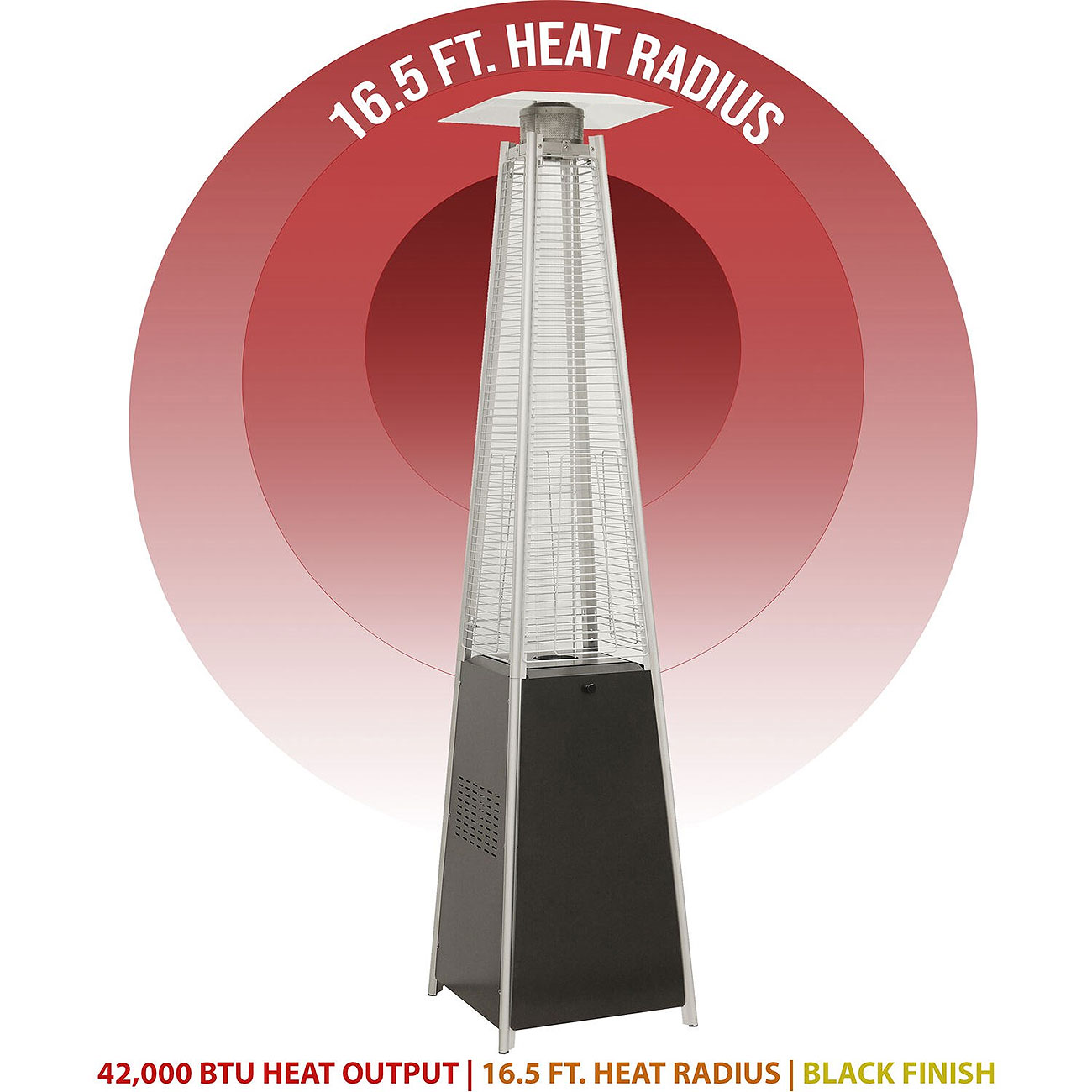 Black patio heater with heating radius information