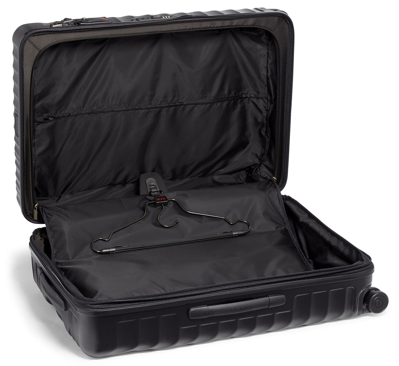 View of TUMI Packing Case opened showing hanger bracket