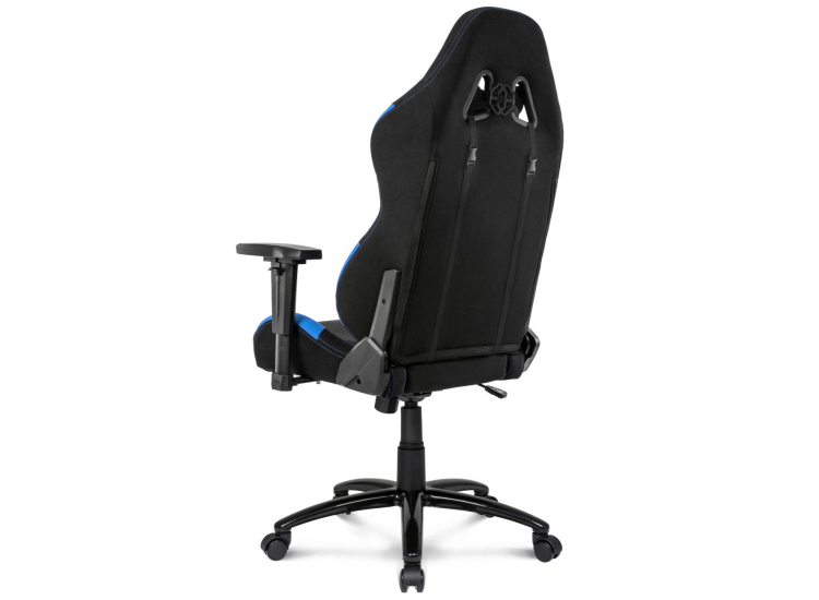 Black and blue AKRACING gaming chair with wide seat and adjustable armrests, side view