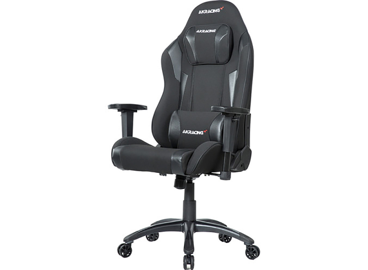 AKRACING gaming chair full front view in black/gray with embroidered logo on headrest and seat, adjustable armrests and base.
