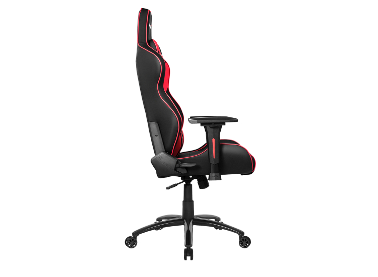 Side view of black and red AKRACING gaming chair showing armrest and reclining mechanism.