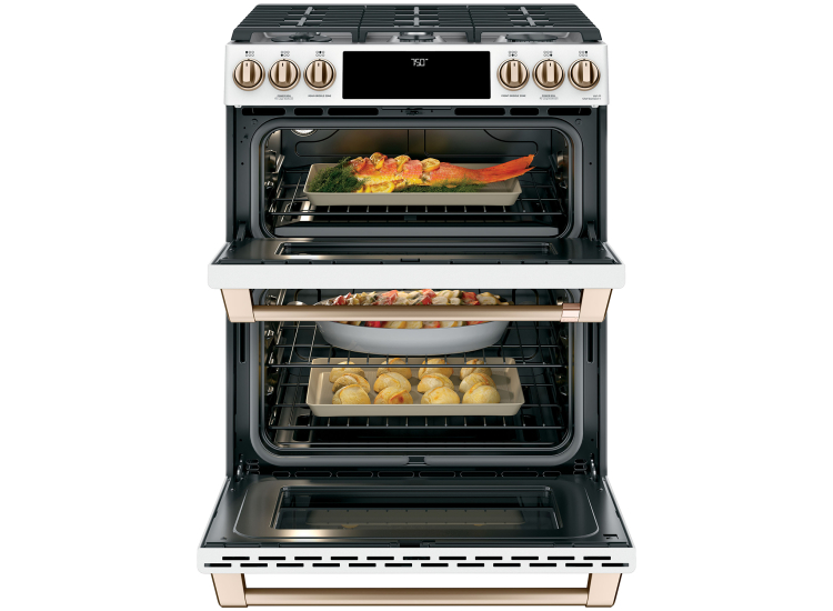 Cafe ADA 30 In. Matte White With Brushed Bronze Smart Slide-In Double Oven Gas Range With Convection - CGS750P4MW2