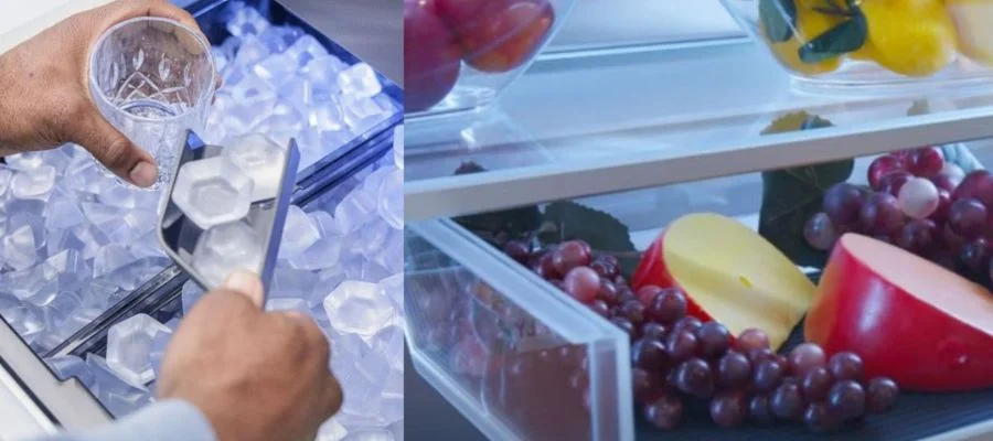 The inside of the T48BT110NS, with dual ice types (diamond and hexagonal) and a sliding, illuminated deli drawer in the spotlight