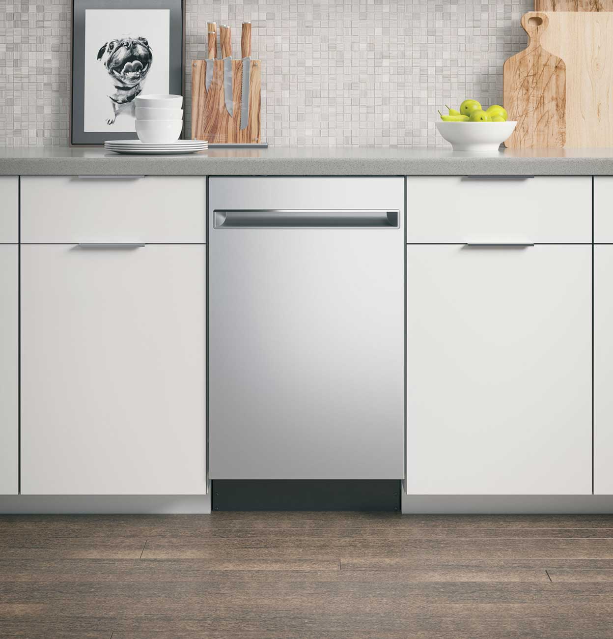 View of GE Profile Dishwasher installed in kitchen