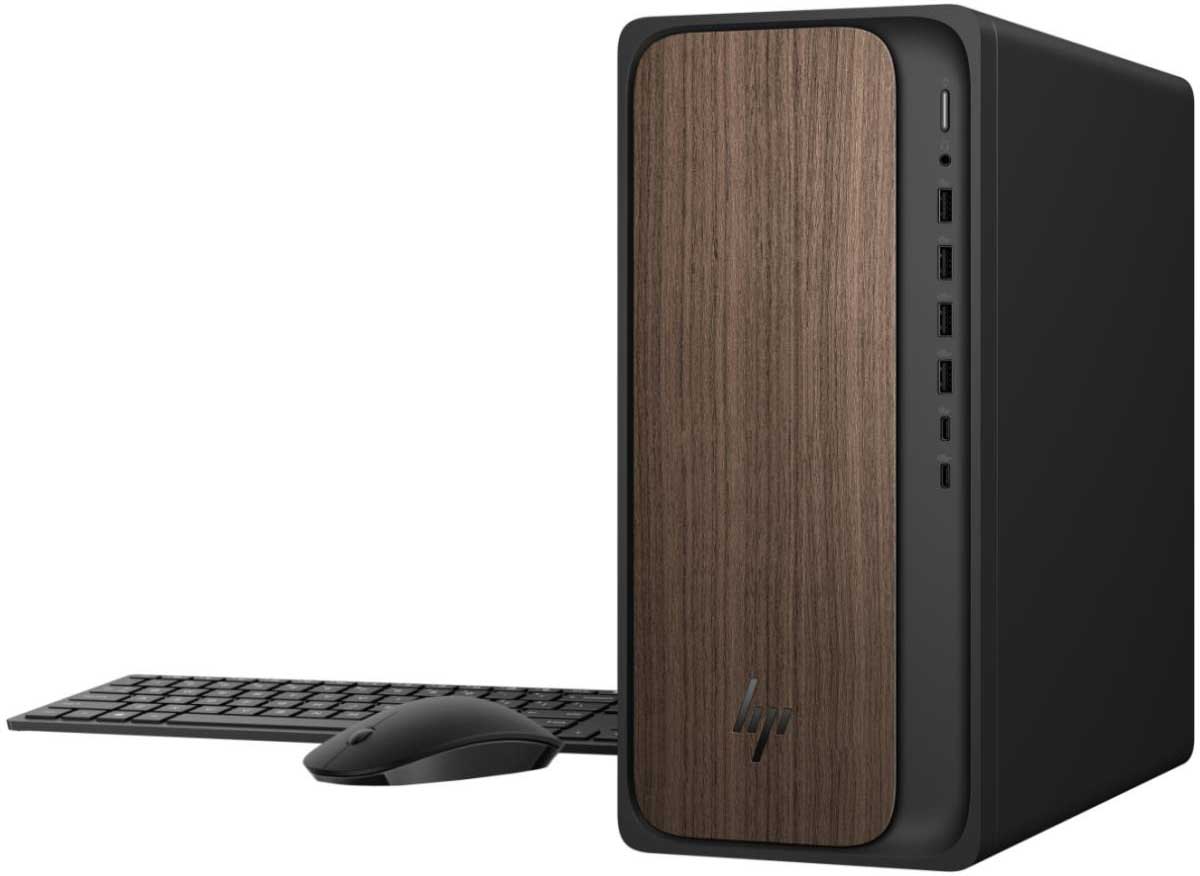 Dynamic Right View Of The HP OmniDesk AI Desktop Computer In Dark Wood Finish