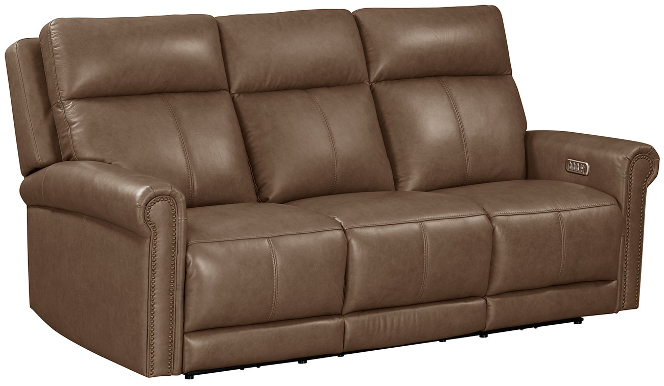Angled view of Flexsteel Alexander Power Reclining Sofa in Tawny Brown Leather