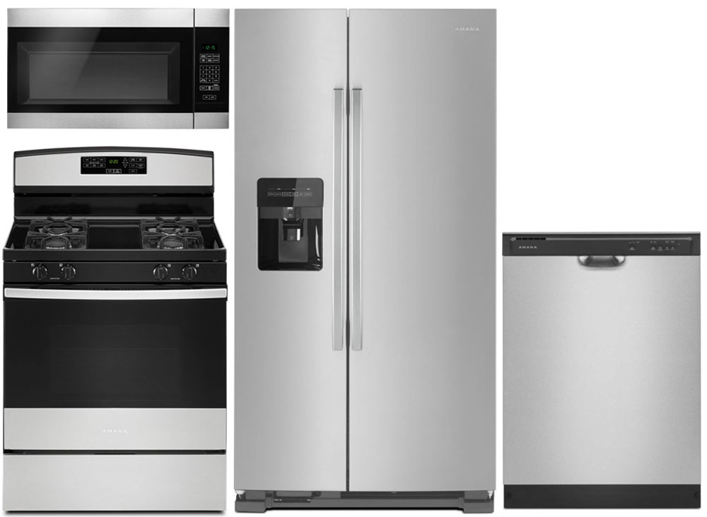 Front View of Amana Stainless Steel 4-Piece Kitchen Package