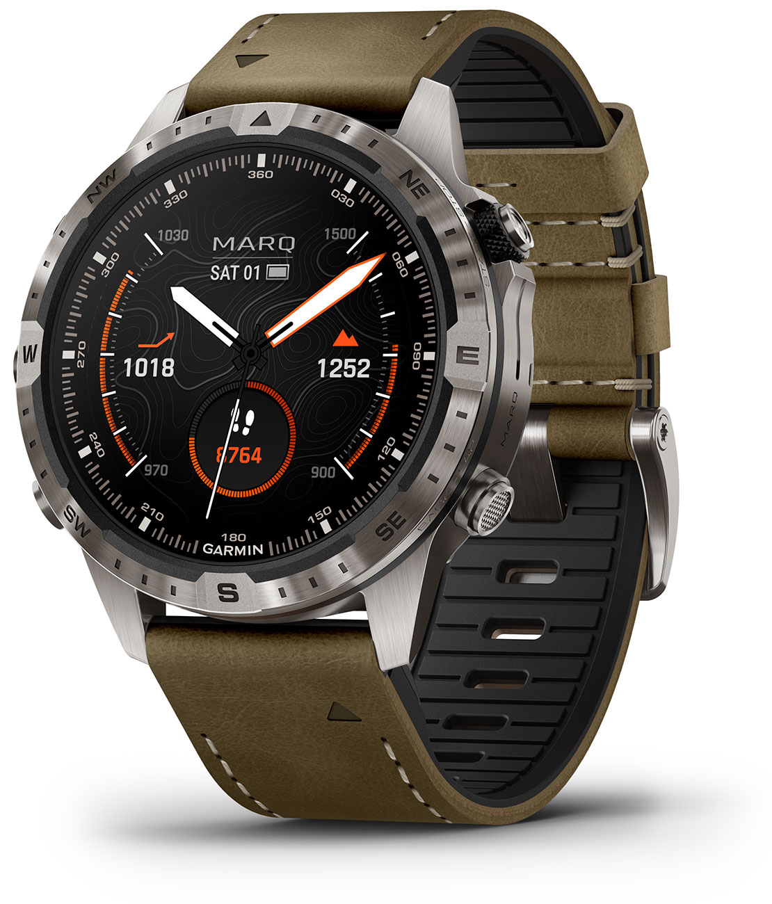 Garmin MARQ Adventurer (Gen 2) Modern Tool Watch Titanium Bezel With Brown Leather Band - 010-02648-30