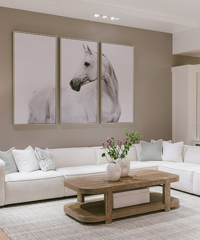 Contemporary living room furniture display featuring a light sofa and wood coffee table.