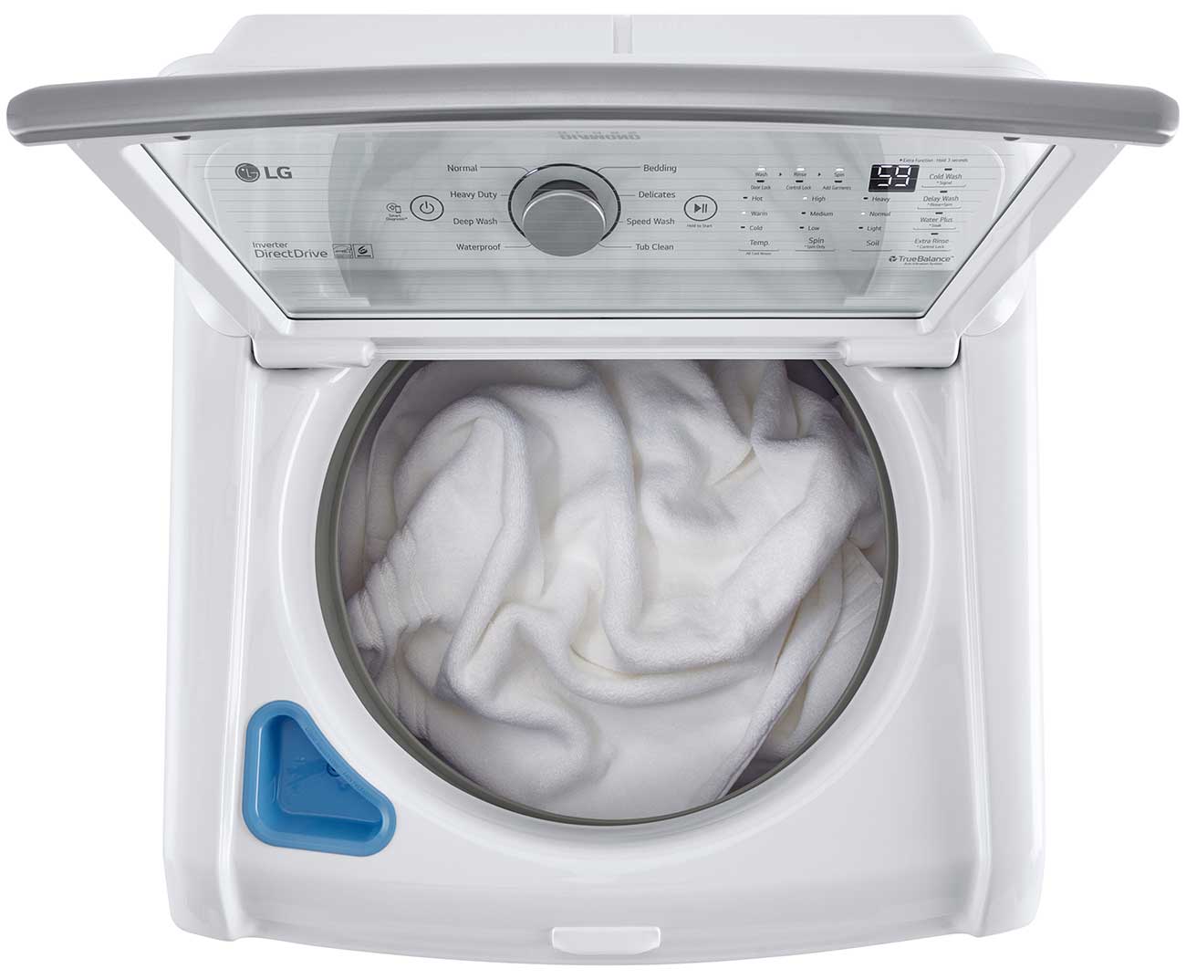 LG 5 Cu. Ft. Top Load Washer WT7150CW Open with Clean Laundry Visible
