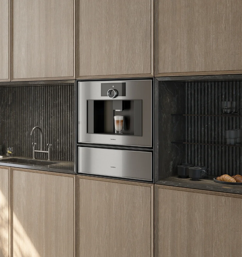 A Gaggenau built-in coffee machine positioned in a modern kitchen