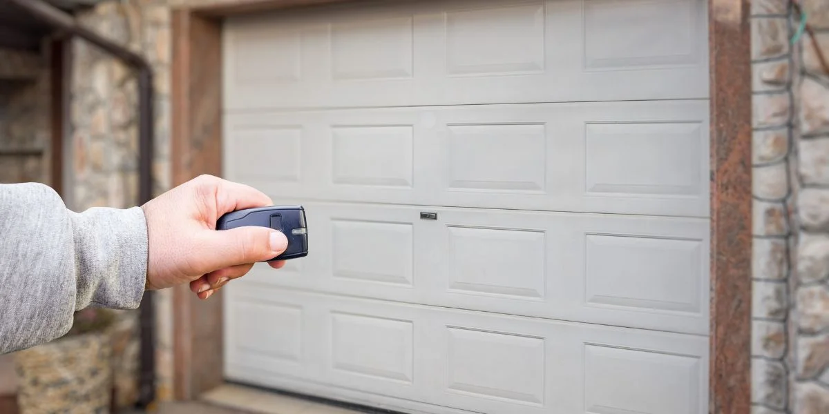 A person holding a garage door opener clicker up to a white, modern door.