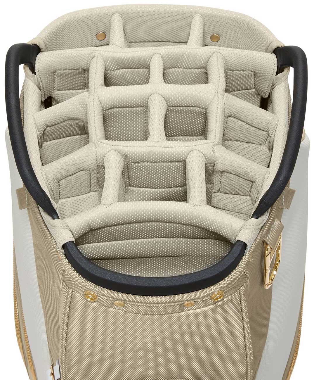 Close up view of TUMI off white and tan golf bag tip