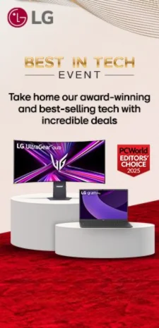 stylized colored background with pinks and a red bottom showcasing a red carpet like setting with an lg gram laptop and lg monitor on a platform showcasing and highlighitng the lg best in tech event