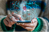 Person holding phone with location-based smart control map and automation features