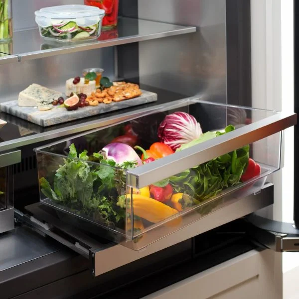 Detail shot of the produce drawer filled with vegetables in an SKS refrigerator.
