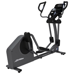Angle view of a black and grey rear-drive elliptical. The words Life Fitness are in white on the back of the machine