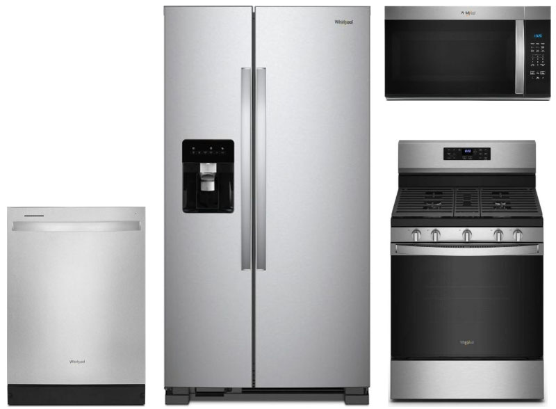Front view of refrigerator, range, dishwasher, and microhood appliance package