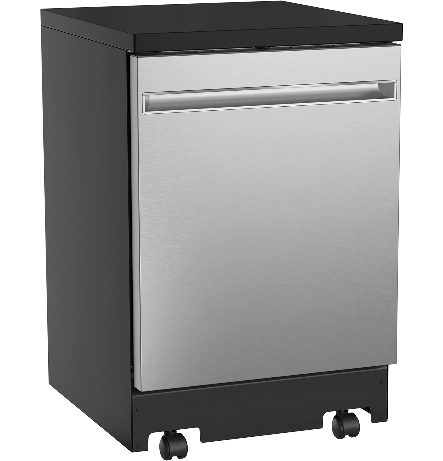 Right Side of a Portable Stainless Steel GE Dishwasher