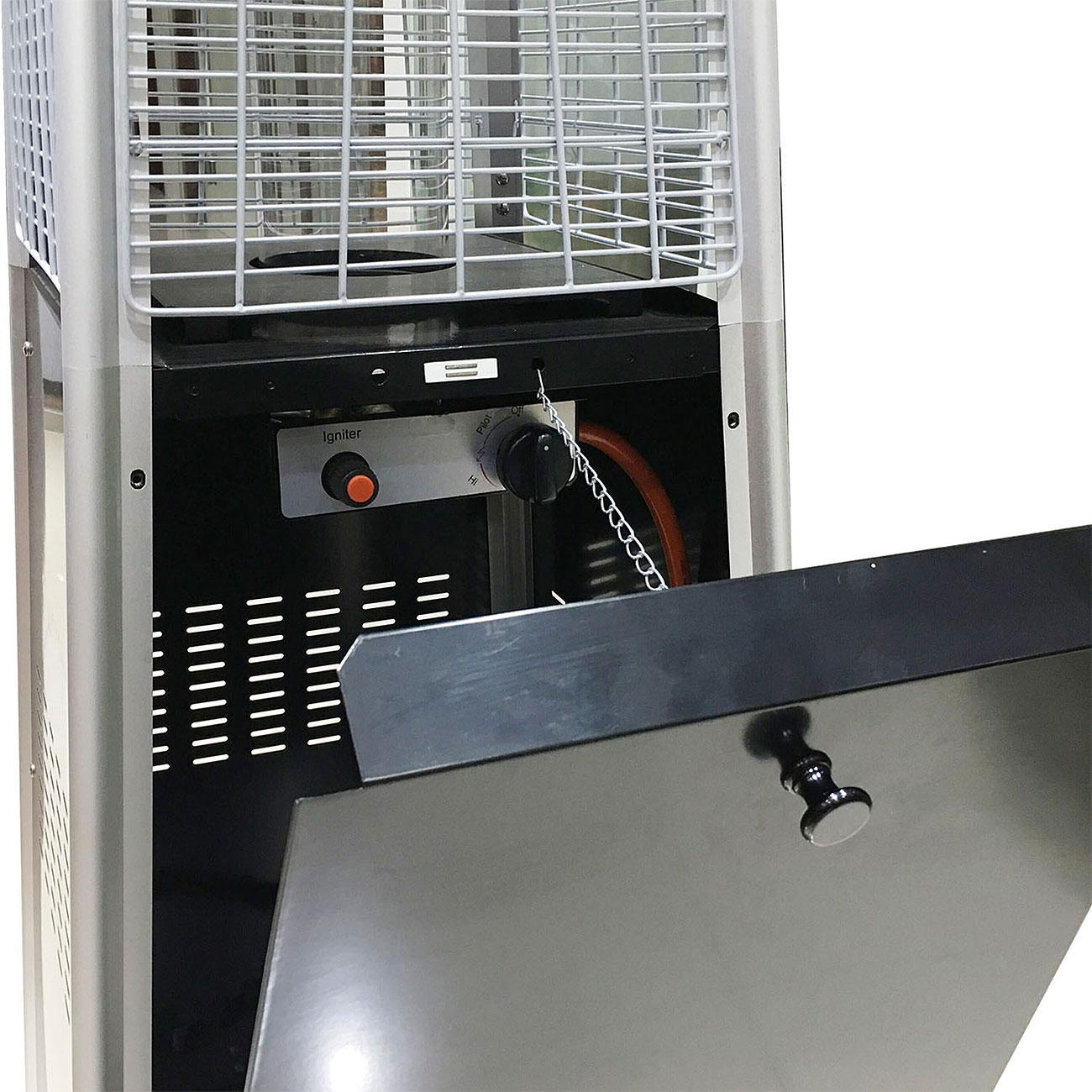 Right angle view of tank door open